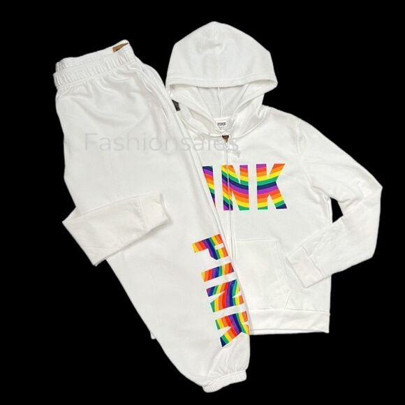 Victorias Secret Pink SET Perfect Hoodie Full Zip & Campus Pants Rainbow Logo XL - Picture 2 of 10